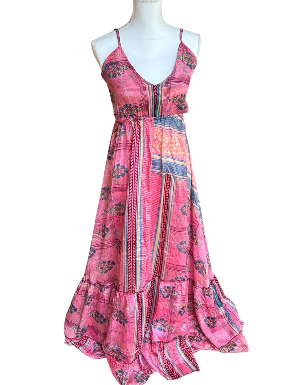 NWOT Zuny 100% Art Silk‎ Pink Boho Floral Printed Festival Femme Maxi Dress O/S